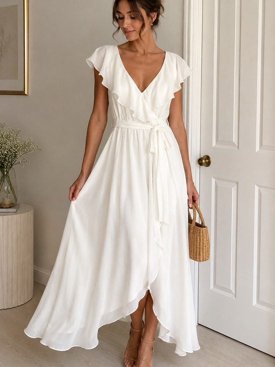 Simplee Apparel Dresses & Skirts - Simplee Apparel White Ruffle Wrap Maxi Dress